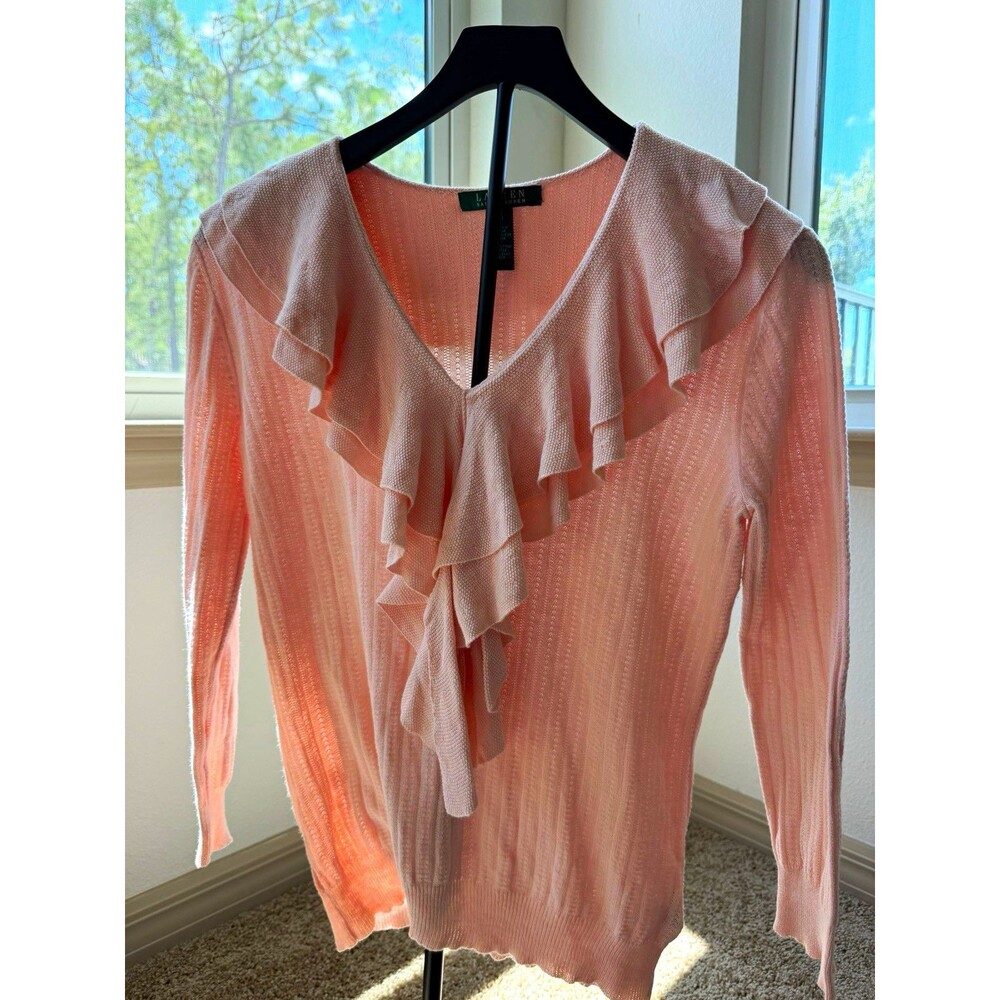 Lauren Ralph Lauren Pink Solid Knit V-Neck Ruffle Lightweight Sweater M